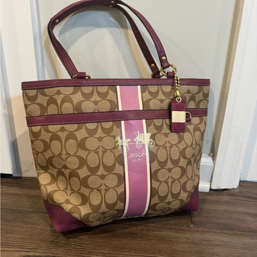 Coach Signature Tote Bag - Brown with purple